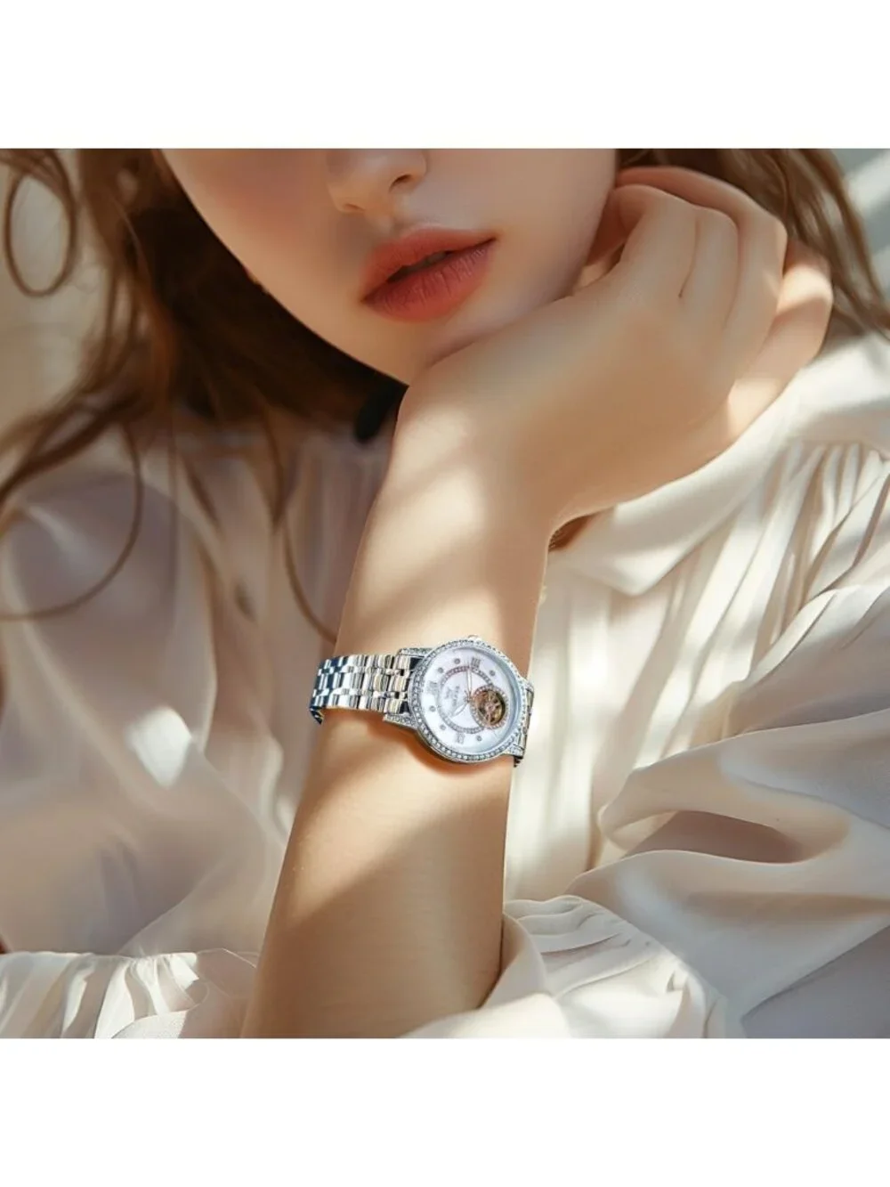 Women’s White Automatic Starry Sky Diamond Bezel Luxury Mechanical Wrist Watch